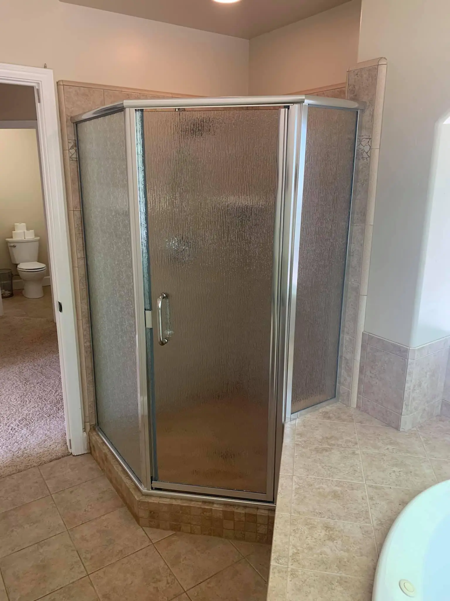 Angled privacy styled glass shower enclosure.